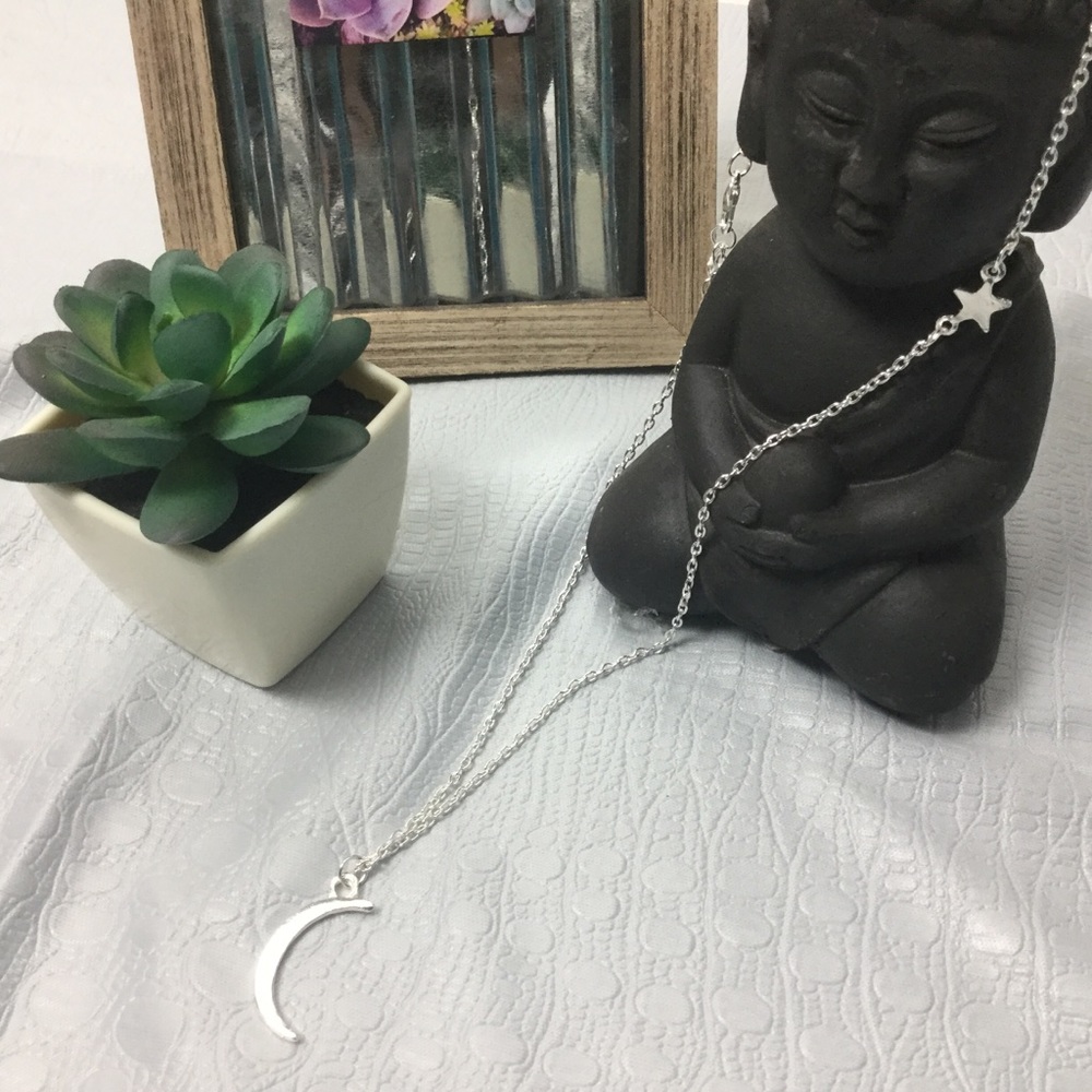 Silver Moon and Star Necklace 18” - Picture 1 of 2